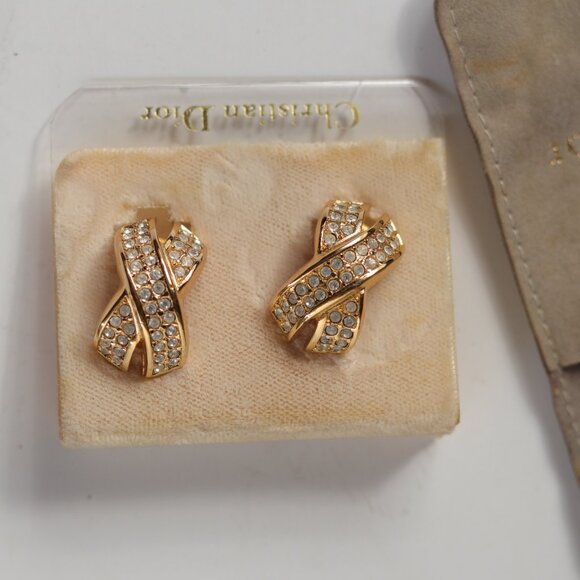 Preloved Vintage Christian Dior Crystal & Gold-Tone Clip-On Cross Earrings - Picture 1 of 7